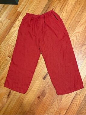 FLAX Women’s Floods Ankle Length Wide Leg Linen Pants; Dark Red; Large